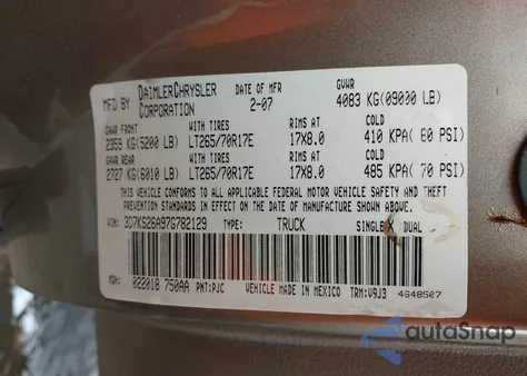 2007 Dodge Ram 2500 Slt/Trx4 Off Road/Sport/Power Wagon из США, поврежденный, VIN 3D7KS26A97G782129